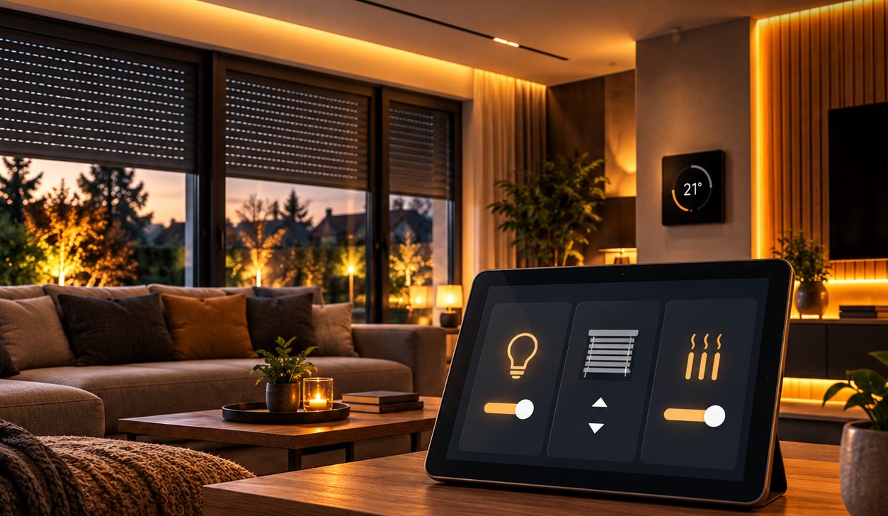 Salon z panelem sterowania Smart Home: oświetlenie, rolety i ogrzewanie